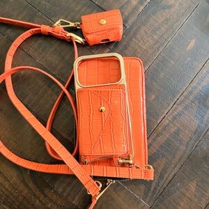Bandolier Orange Croc-Embossed Crossbody iPhone 17pro Pouch with Gold Hardware